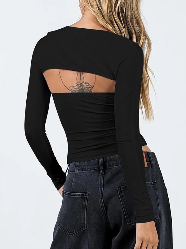 Long Sleeves Skinny Solid Color Collarless T-Shirts Tops Product Image