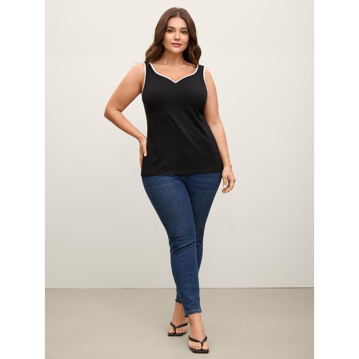 Plus Size Color Contrast V-Neck Fitted Tank Top Women Black Contrast V-neck Work Tank Tops Camis BloomChic 22-24/3X Product Image