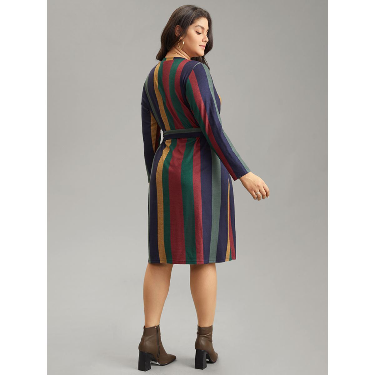 Plus Size Colored Striped Pocket Belted Long Sleeve Dress Multicolor Women Casual Belted Round Neck Long Sleeve Curvy Midi Dress BloomChic 26/4X Product Image