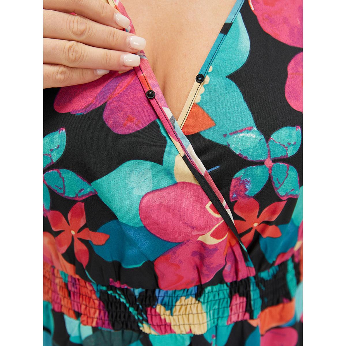 Plus Size Floral Shirred Overlap Collar Batwing Sleeve Dress Black Women Elegant Wrap V-neck Cap Sleeve Curvy Midi Dress BloomChic 14-16/1X Product Image