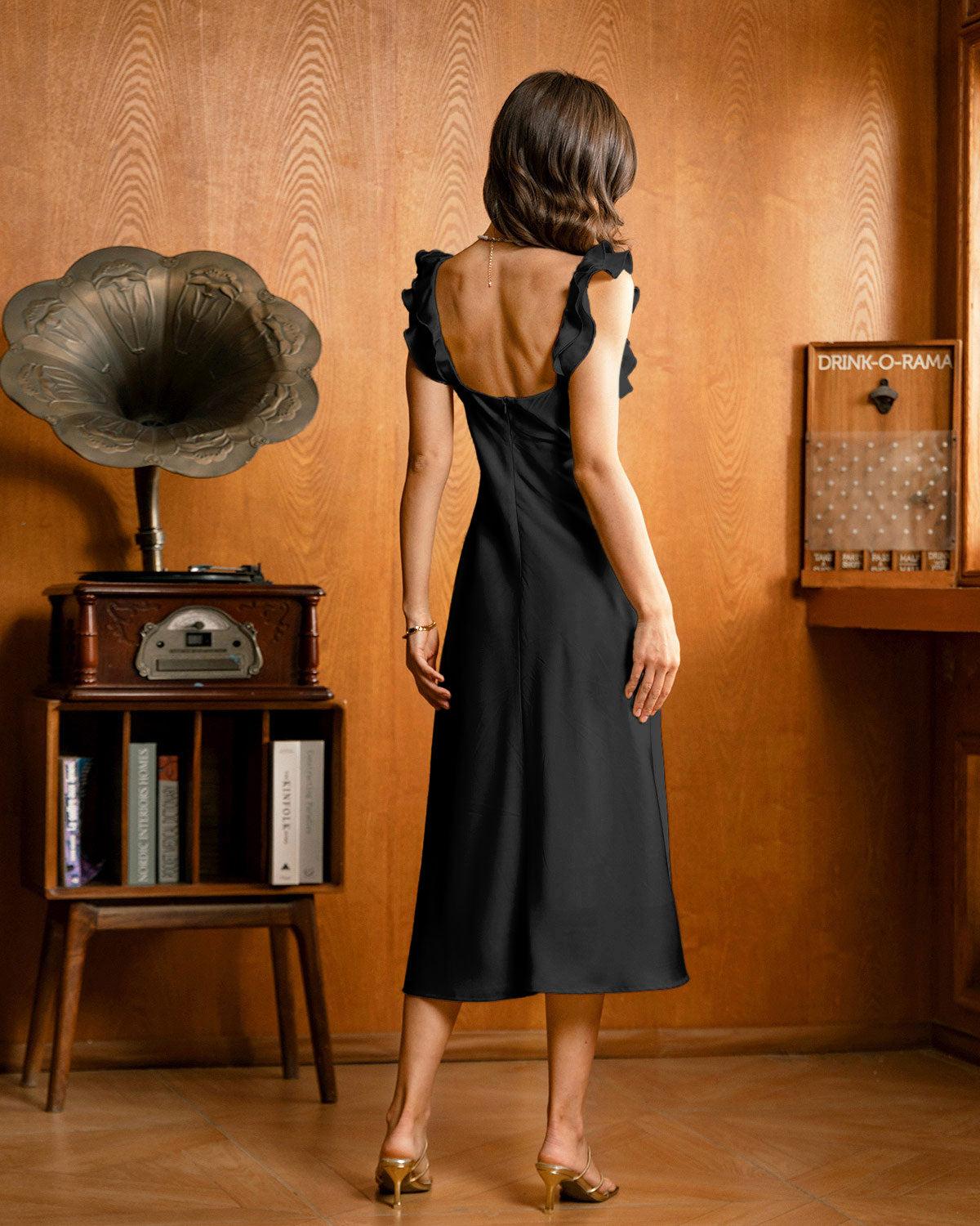 Black Ruffle Square Neck Slip Midi Dress Product Image