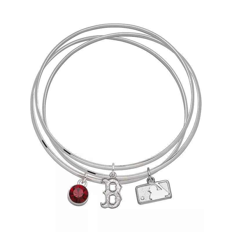 LogoArt Boston Red Sox Silver Tone Crystal Charm Bangle Bracelet Set, Womens Product Image