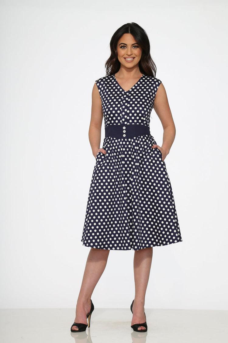 Navy Blue White Polka Dot Swing Dress Product Image