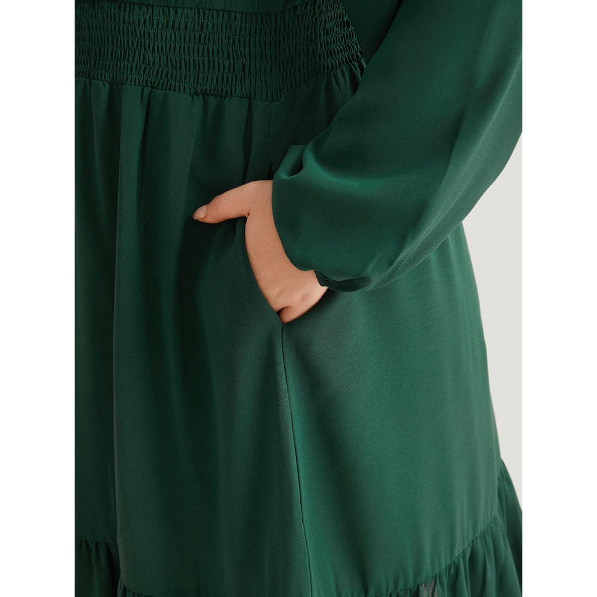 Plus Size Solid Shirred Ruffle Trim Pleated Dress DarkGreen Women Vacation Elastic cuffs V-neck Long Sleeve Curvy Midi Dress BloomChic 30/6X Product Image