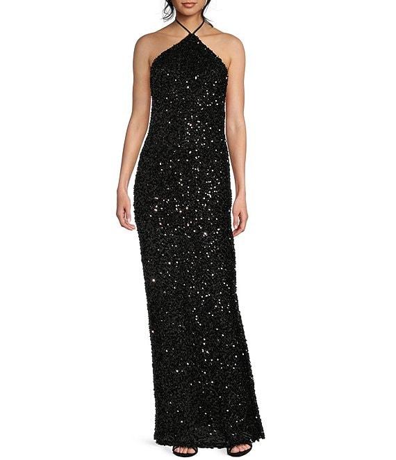 Morgan & Co. Clustered Beaded Sequin Halter Tie Neck Dress Product Image