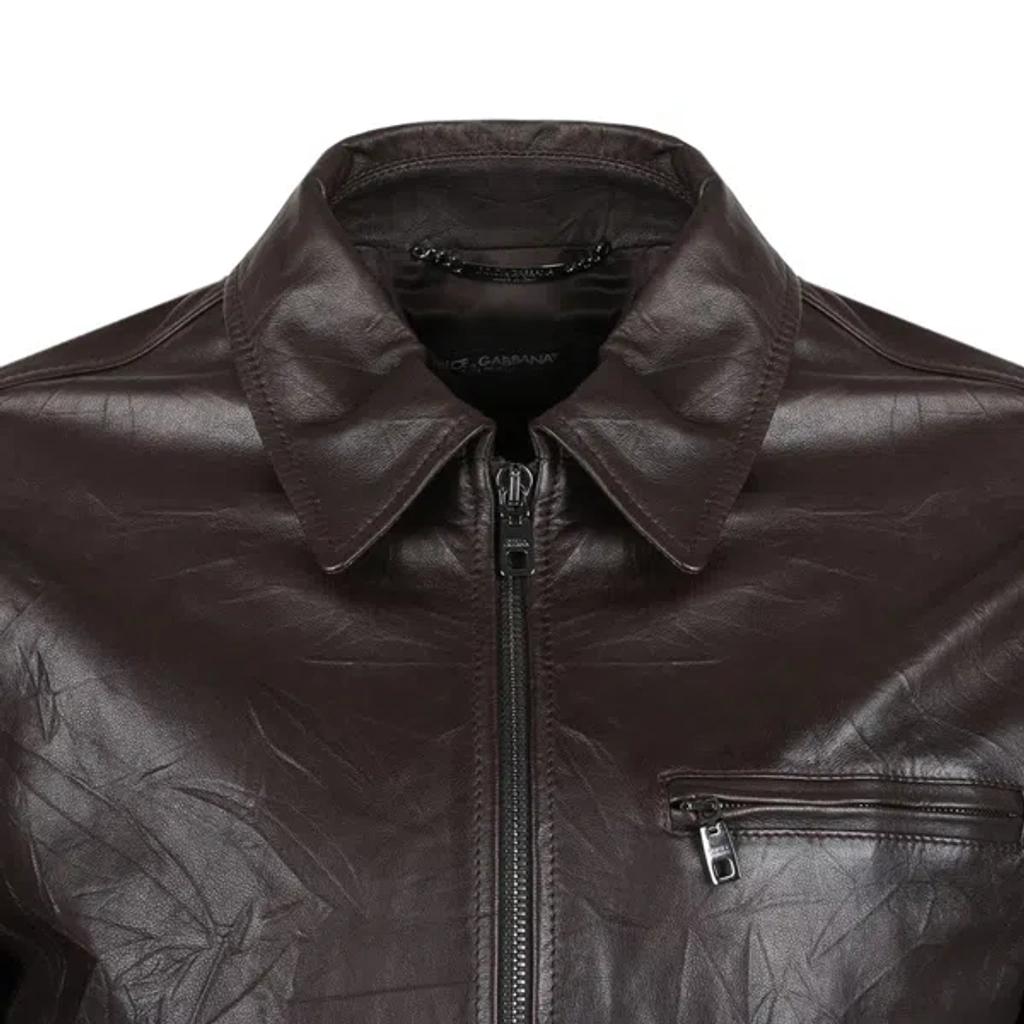 DOLCE & GABBANA Zipped Leather Jacket In Brown Product Image