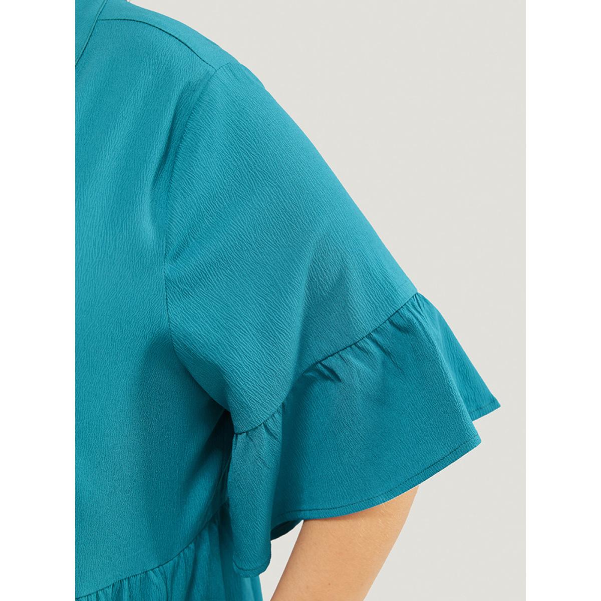 Plus Size Solid Button Detail Pocket Ruffle Tiered Bell Sleeve Midi Dress Cerulean Women Vacation Stand-up collar Half Sleeve Curvy Knee Dress BloomChic 30/6X Product Image