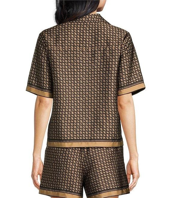 Le' AL.X Logo Print Satin Notch Lapel Short Sleeve Cropped Coordinating Camp Shirt Product Image