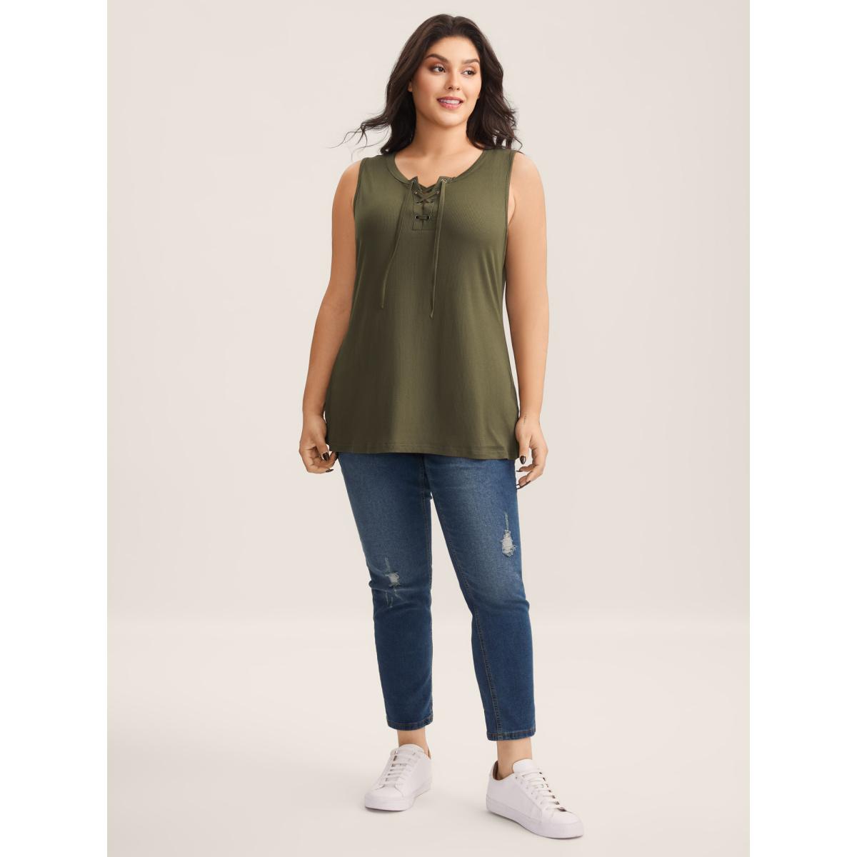 Plus Size Pit Strip Tie Neck Tank Top Women ArmyGreen Leisure Eyelet Non Casual Tank Tops Camis BloomChic 26/4X Product Image