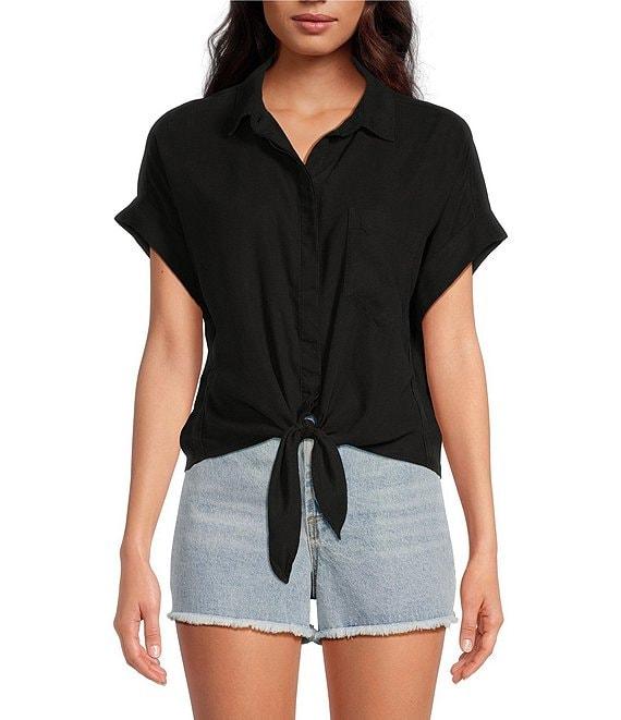 Cloth & Stone Woven Trimmed Short Roll Cuff Sleeve Point Collar Button Tie Front Top Product Image