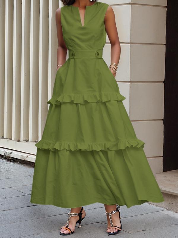 A-Line High Waisted Buttoned Pleated Pockets Solid Color Split-Joint V-Neck Maxi Dresses Product Image