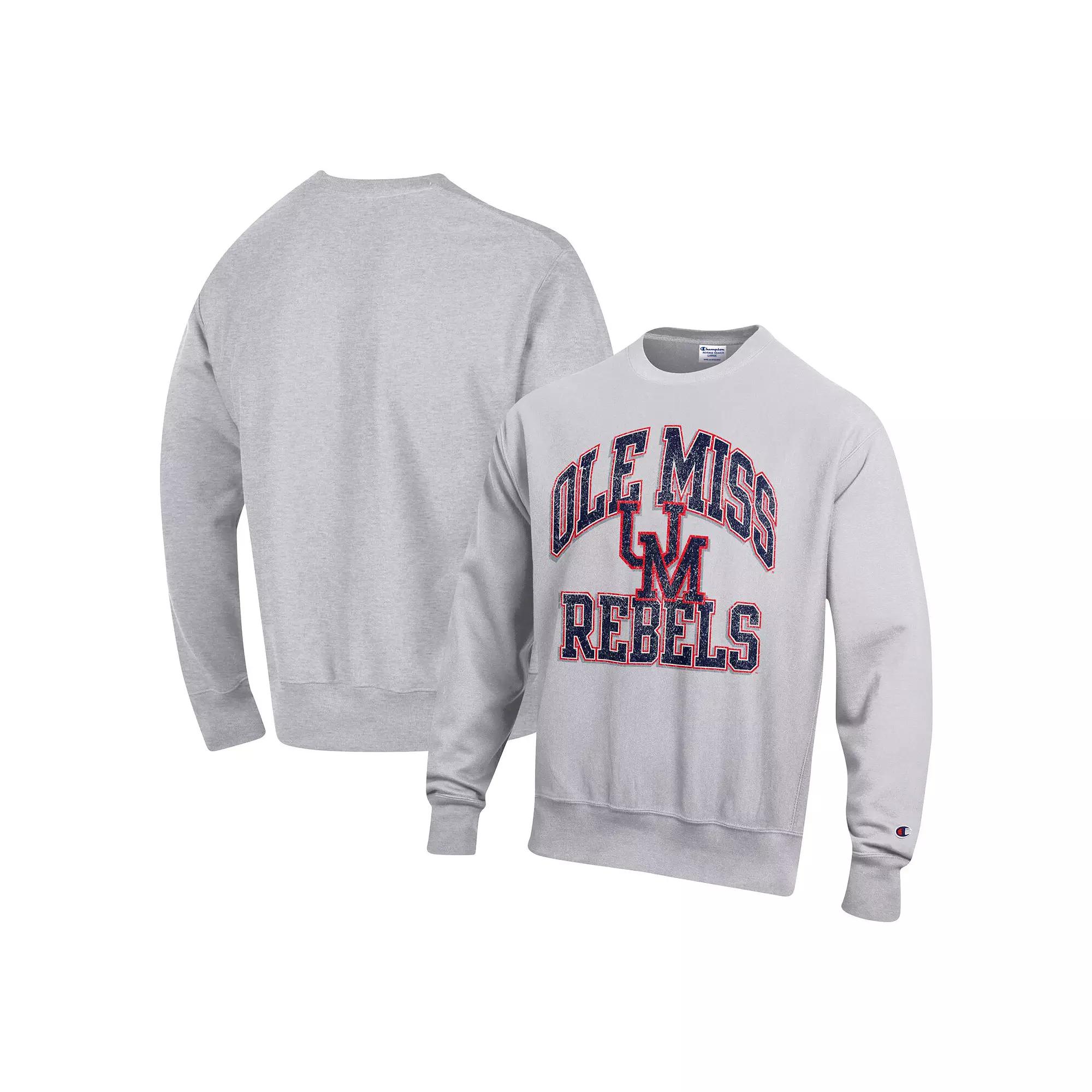 Men's Champion Heather Gray Ole Miss Rebels Vault Late Night Reverse Weave Pullover Sweatshirt,  Product Image