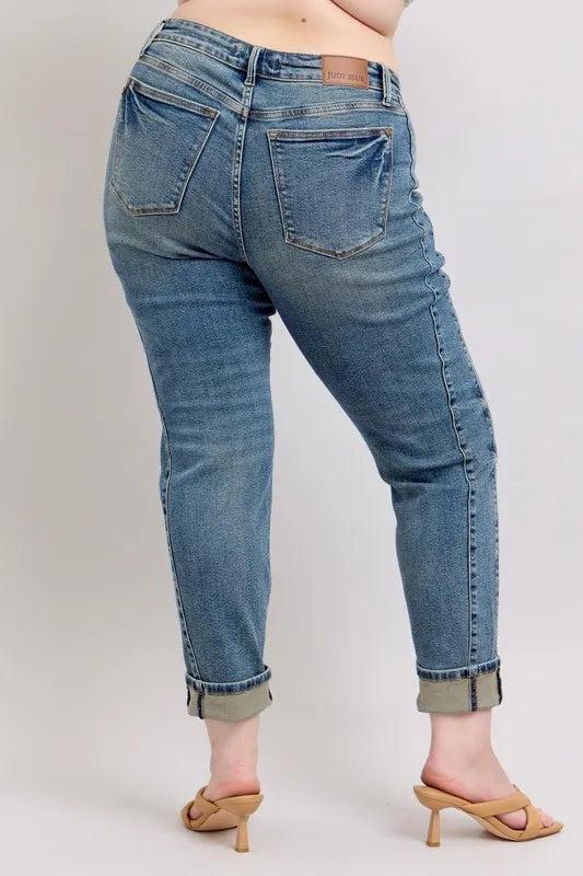88946   Alina Mid-Rise Vintage Wash Double Roll Cuff Boyfriend Judy Blue Jeans Product Image
