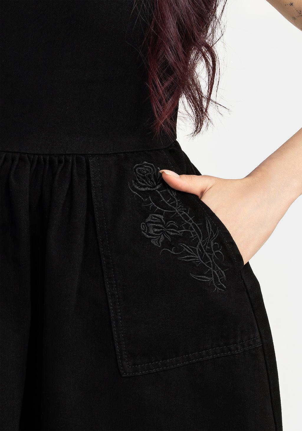 Deadhead Rose Embroidered Denim Mini Smock Dress Product Image