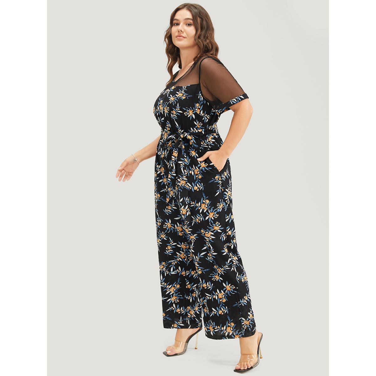 Plus Size Black Floral Mesh Patchwork Crew Neck Pocket Belted Jumpsuit Women Elegant Short sleeve Round Neck Dailywear Loose Jumpsuits BloomChic 22-24/3X Product Image