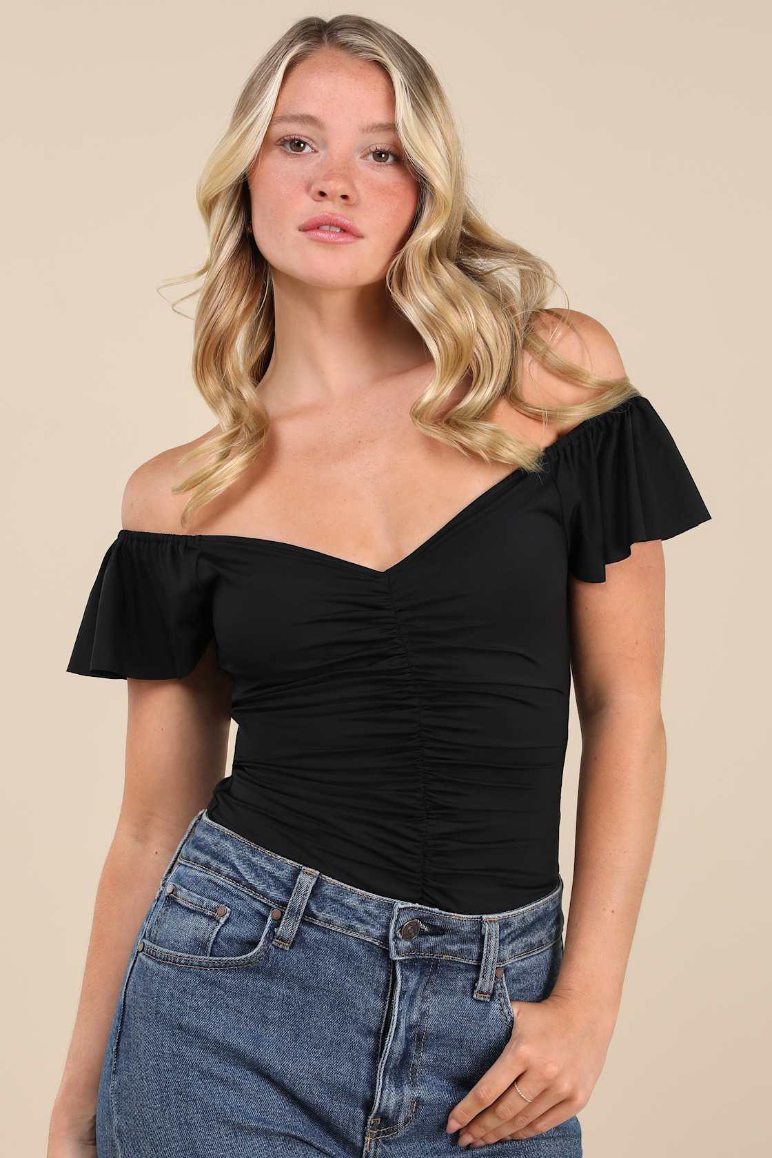 A Little Bit Of Love Black Ruched Flutter Sleeve Bodysuit Product Image