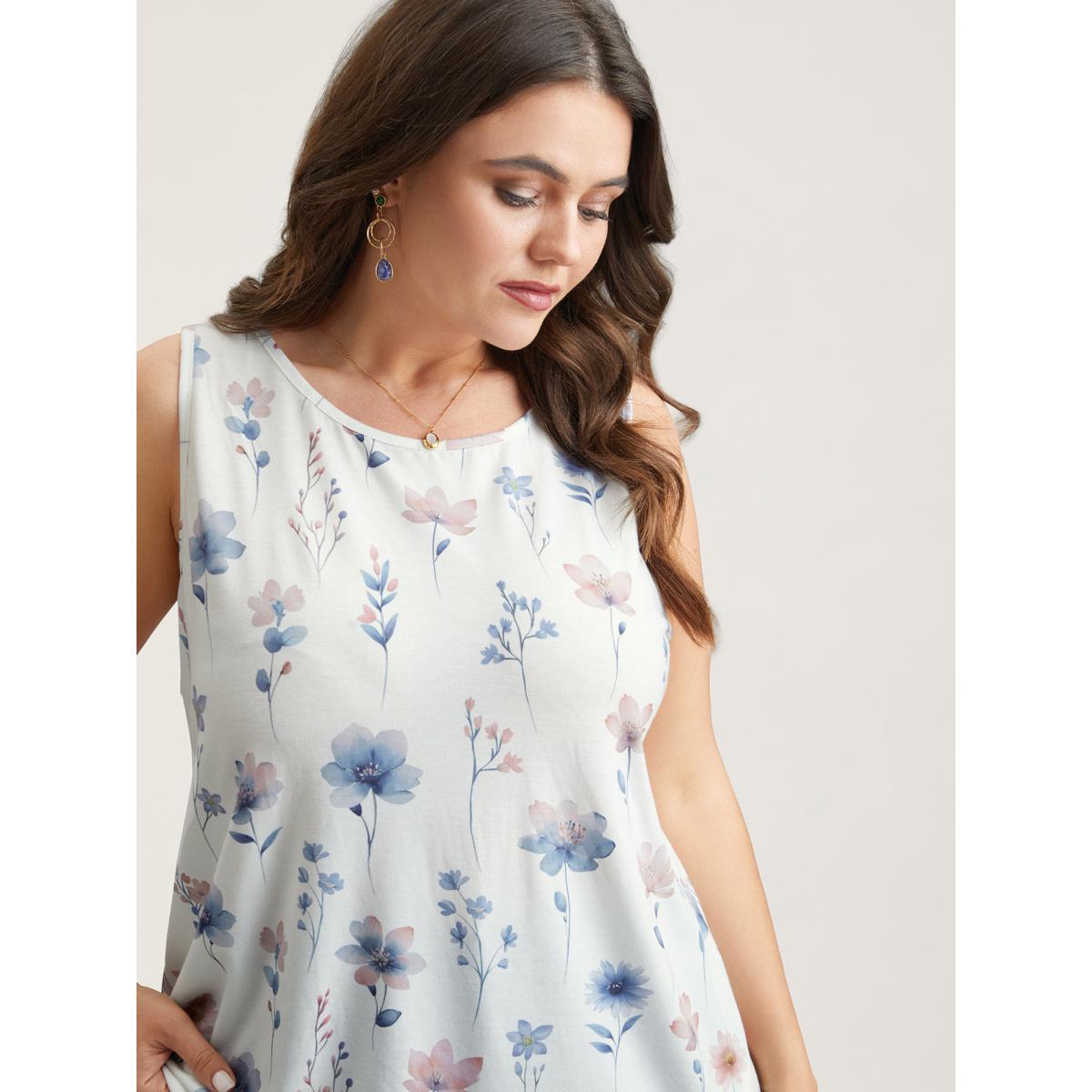 Plus Size Stretchy Floral Print Fitted Vest Women WhiteSmoke Leisure Non Round Neck Casual Tank Tops Camis BloomChic 30/6X Product Image