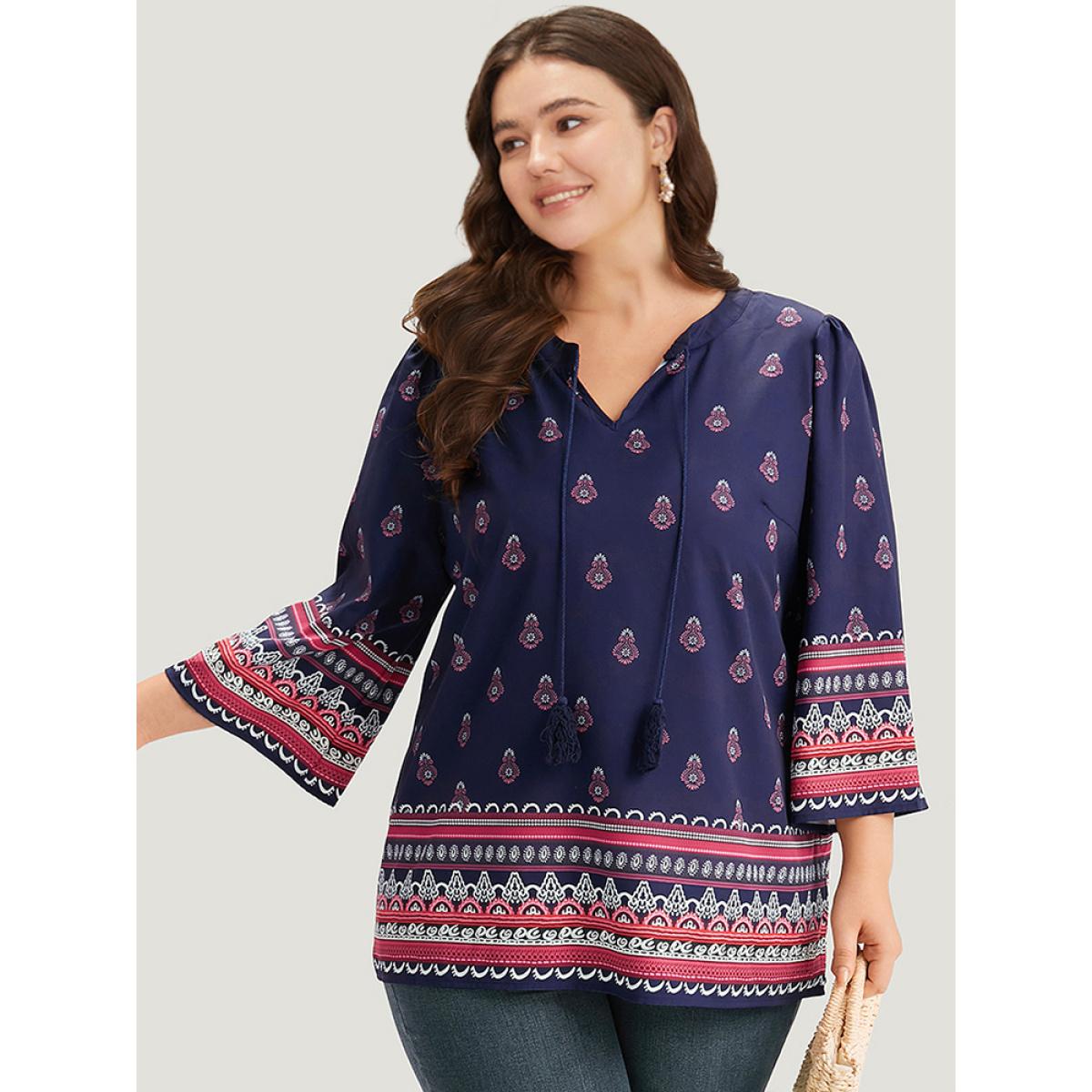 Plus Size Indigo Boho Print Tie Neck Tassel Trim Blouse Women Vacation Elbow-length sleeve V-neck Vacation Blouses BloomChic 14-16/1X Product Image