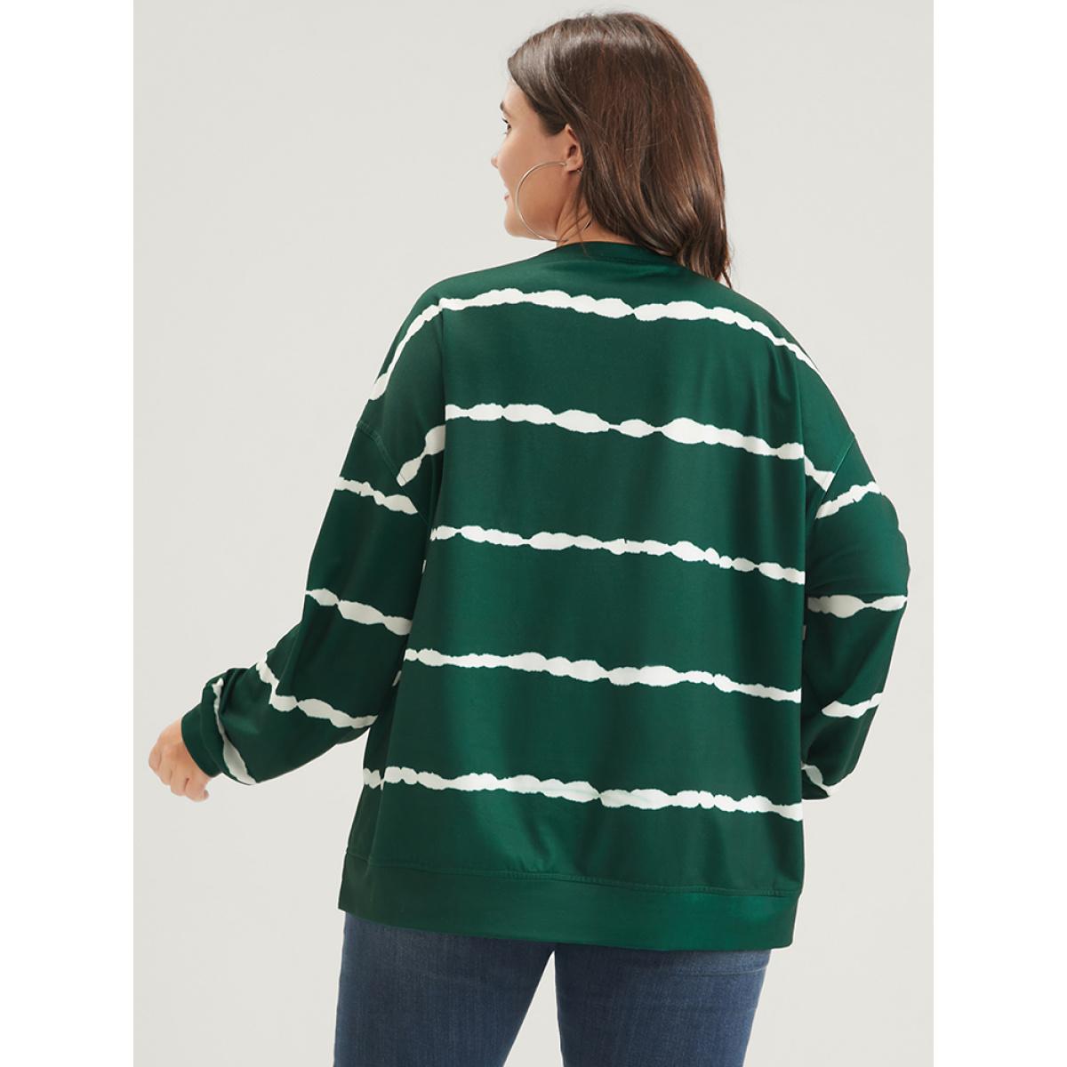 Plus Size Tie Dye Striped Side Split Drop Shoulder Sweatshirt Women Green Casual Tie Dye Loose Round Neck Dailywear Sweatshirts BloomChic 18-20/2X Product Image