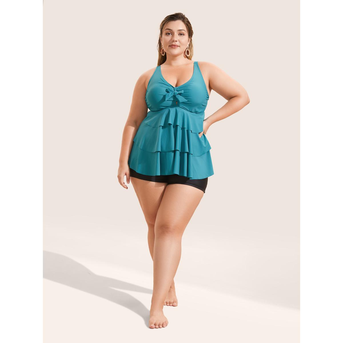 Plus Size Knotted Front Ruffle Tiered Tankini Top Women's Swimwear Turquoise Beach Ruffles High stretch Bodycon V-neck Curve Swim Tops BloomChic 22-24/3X Product Image