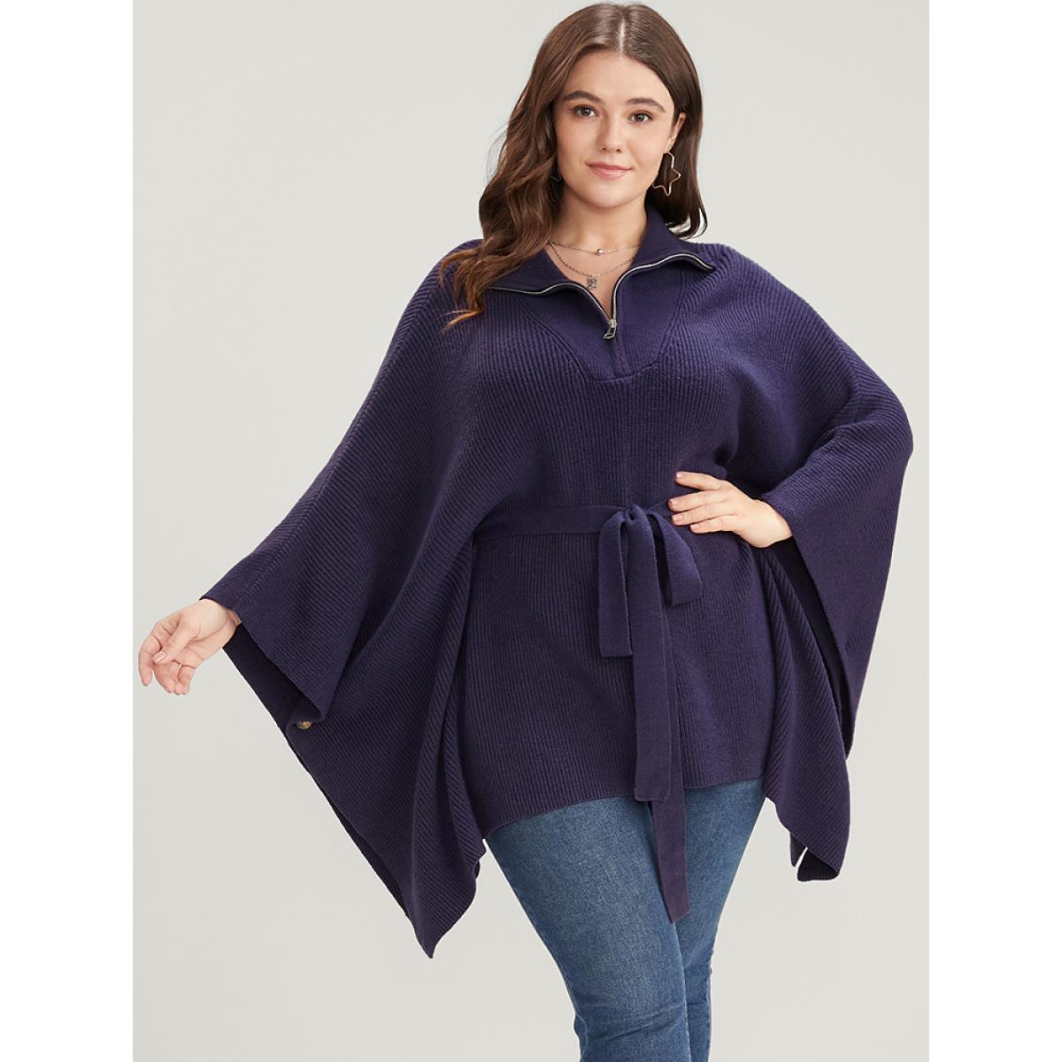 Plus Size Soft Pointelle Knit Dolman Sleeve Belted Zipper Knit Top Eggplant Women Casual Loose Cap Sleeve Mock Neck Dailywear Pullovers BloomChic 26/4X Product Image