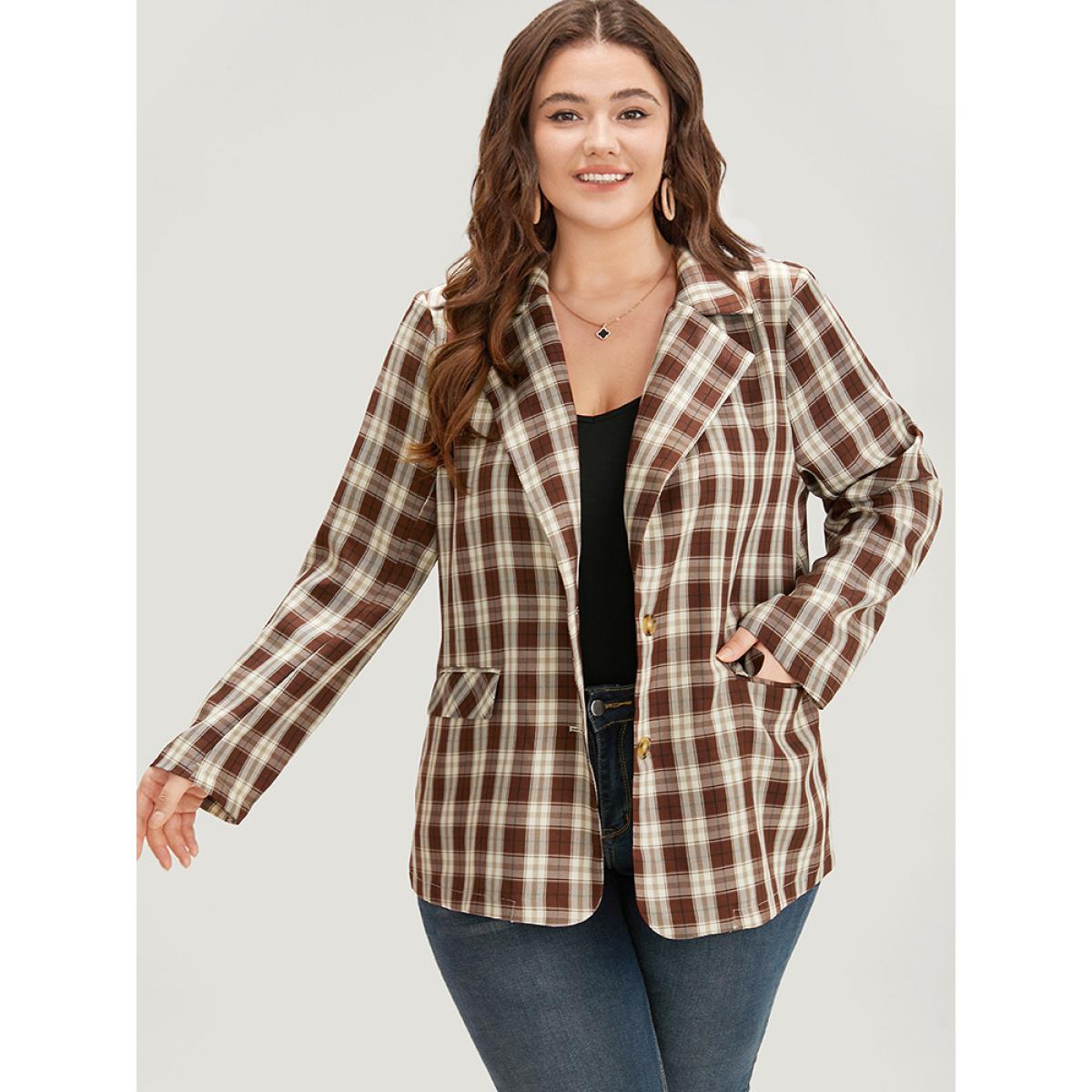 Plus Size Plaid Button Through Flap Pocket Blazer Bronze Women Dailywear Plaid Button Sleeve Long Sleeve Suit Collar 12/L Pocket Casual Blazers BloomChic Product Image