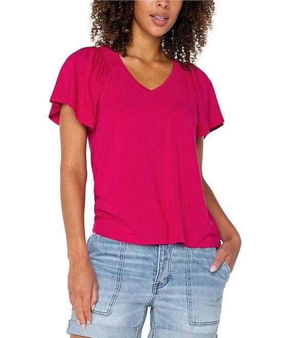 Liverpool Los Angeles Jersey Knit V-Neck Short Flutter Sleeve Shirred Top Product Image