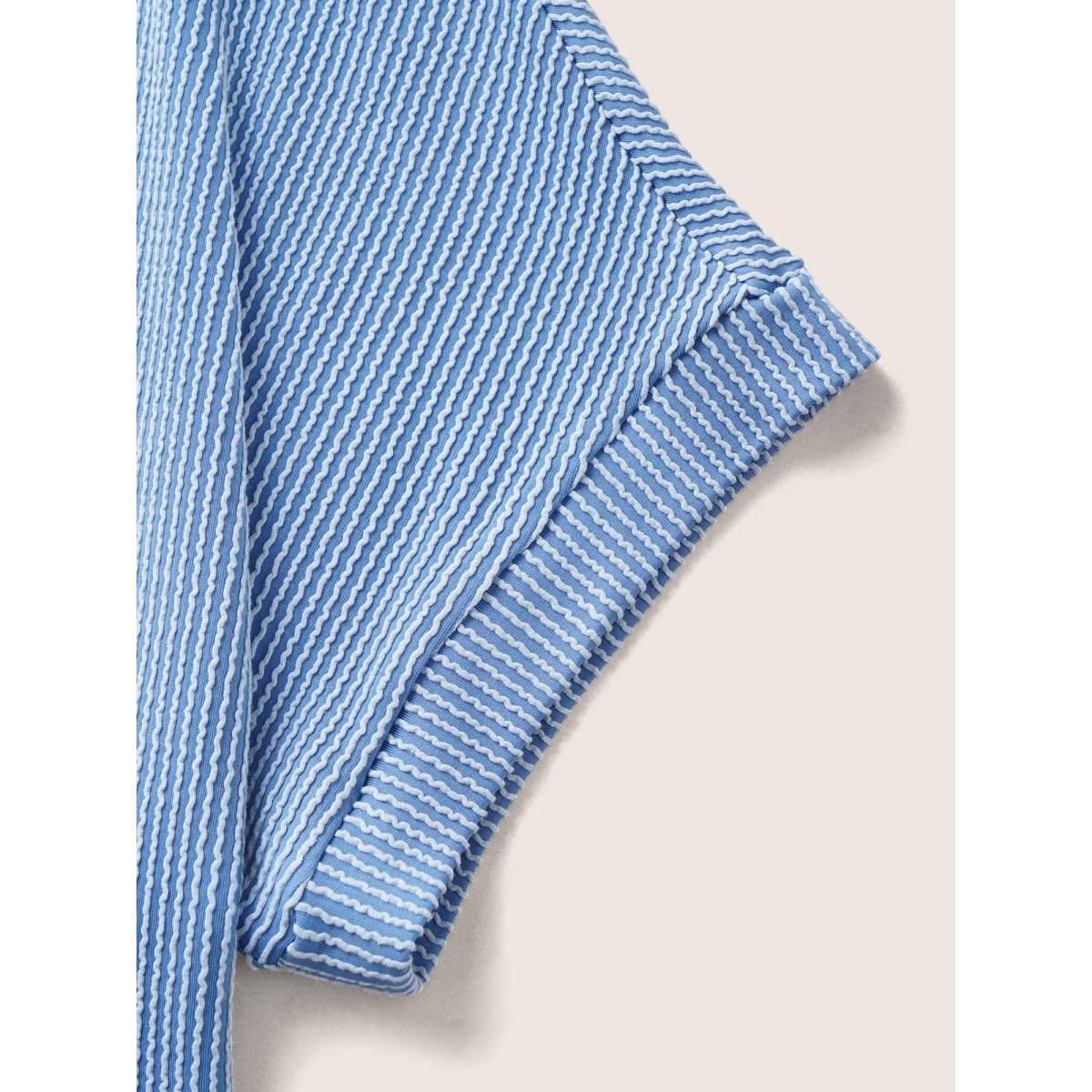 Plus Size Striped Round Neck Batwing Sleeve T-shirt Blue Women Casual Round Neck Everyday T-shirts BloomChic 12/L Product Image