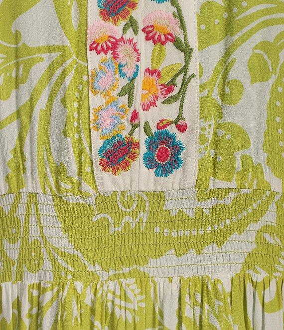 John Mark Tropical Printed Y-Neck Short Dolman Sleeve Embroidered Midi Dress Product Image