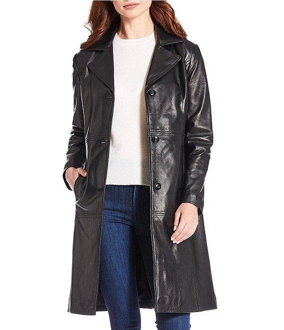 Katherine Kelly Genuine Lamb Leather Notch Collar Button Front Coat Product Image
