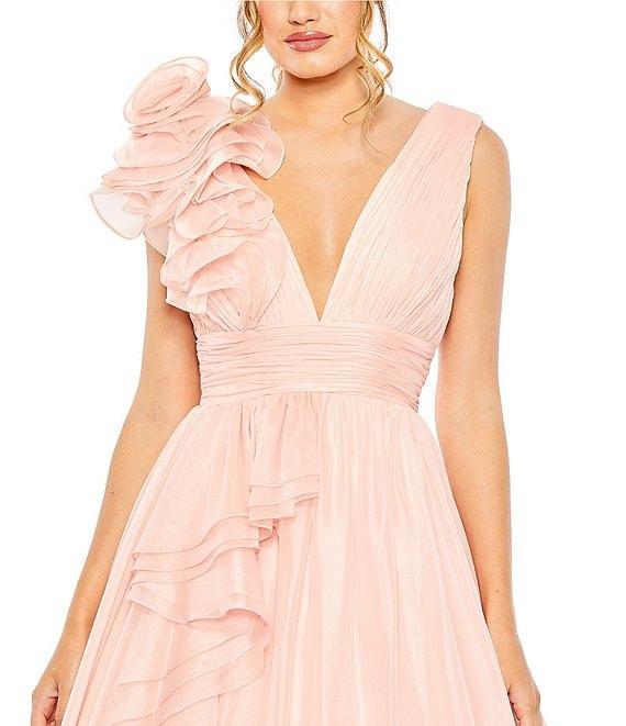 Mac Duggal Deep V-Neck Sleeveless Ruffled Shoulder Ball Gown Product Image