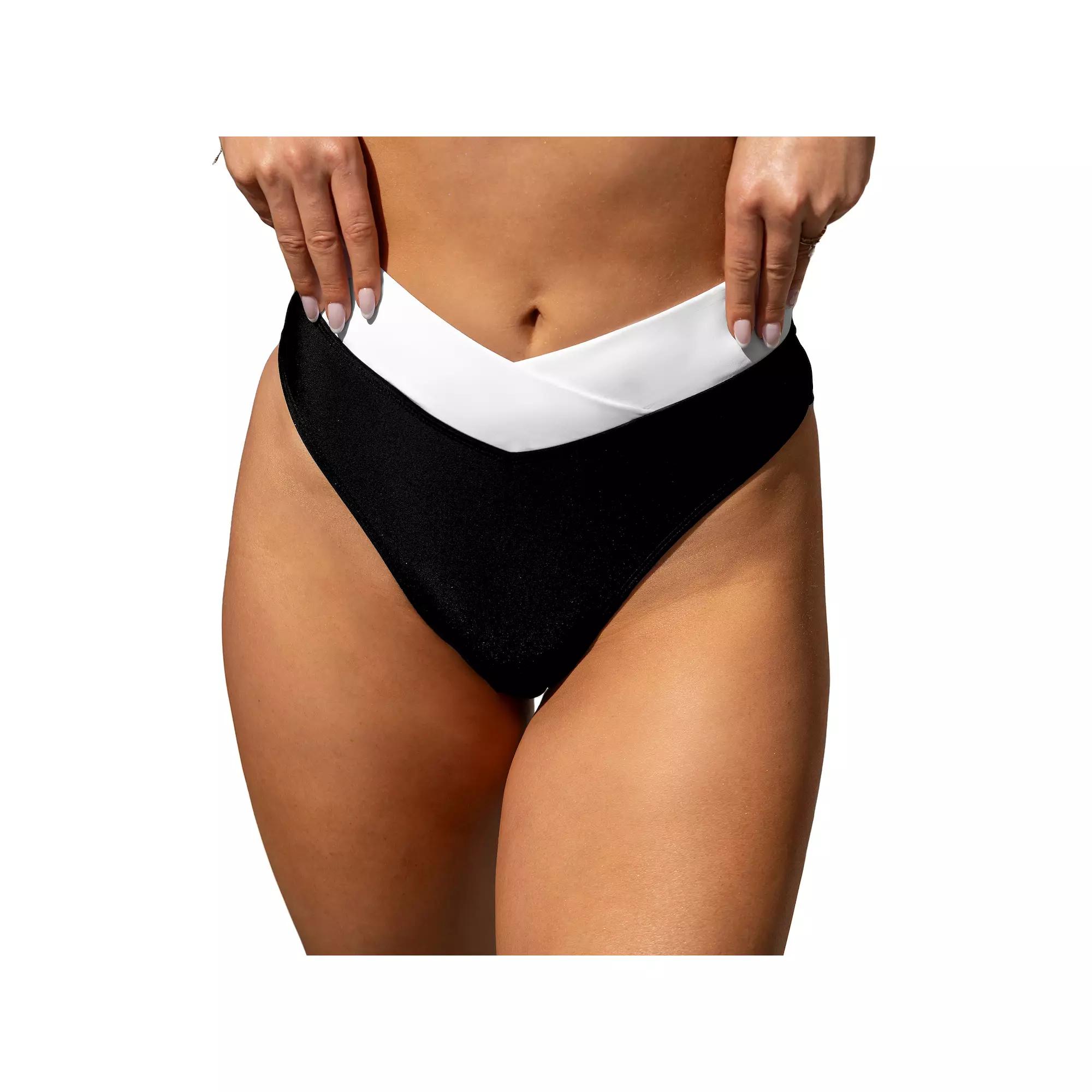 Women's Cupshe Colorblock Banded High-Waist Swim Bottoms, Size: Large, Black White Product Image
