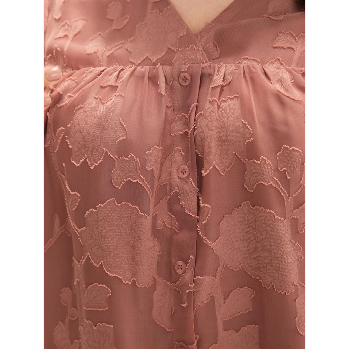 Plus Size DustyPink Floral Print Mesh Ruffle Sleeve Button Detail V Neck Blouse Women Elegant Short sleeve V-neck Going out Blouses BloomChic 12/L Product Image