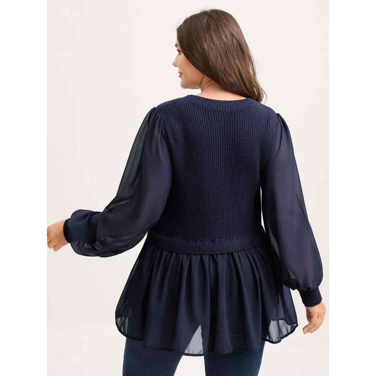 Plus Size Balloon Sleeve Solid Twofer Sweater Indigo Women Romantic Bodycon Long Sleeve Round Neck Elegant Pullovers BloomChic 30/6X Product Image
