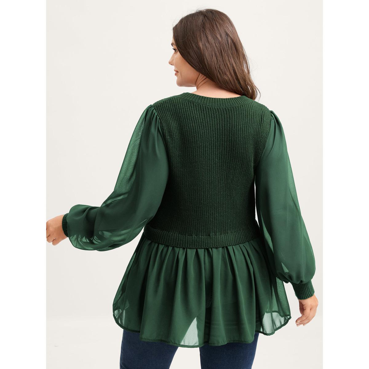 Plus Size Balloon Sleeve Solid Twofer Sweater DarkGreen Women Romantic Bodycon Long Sleeve Round Neck Elegant Pullovers BloomChic 26/4X Product Image