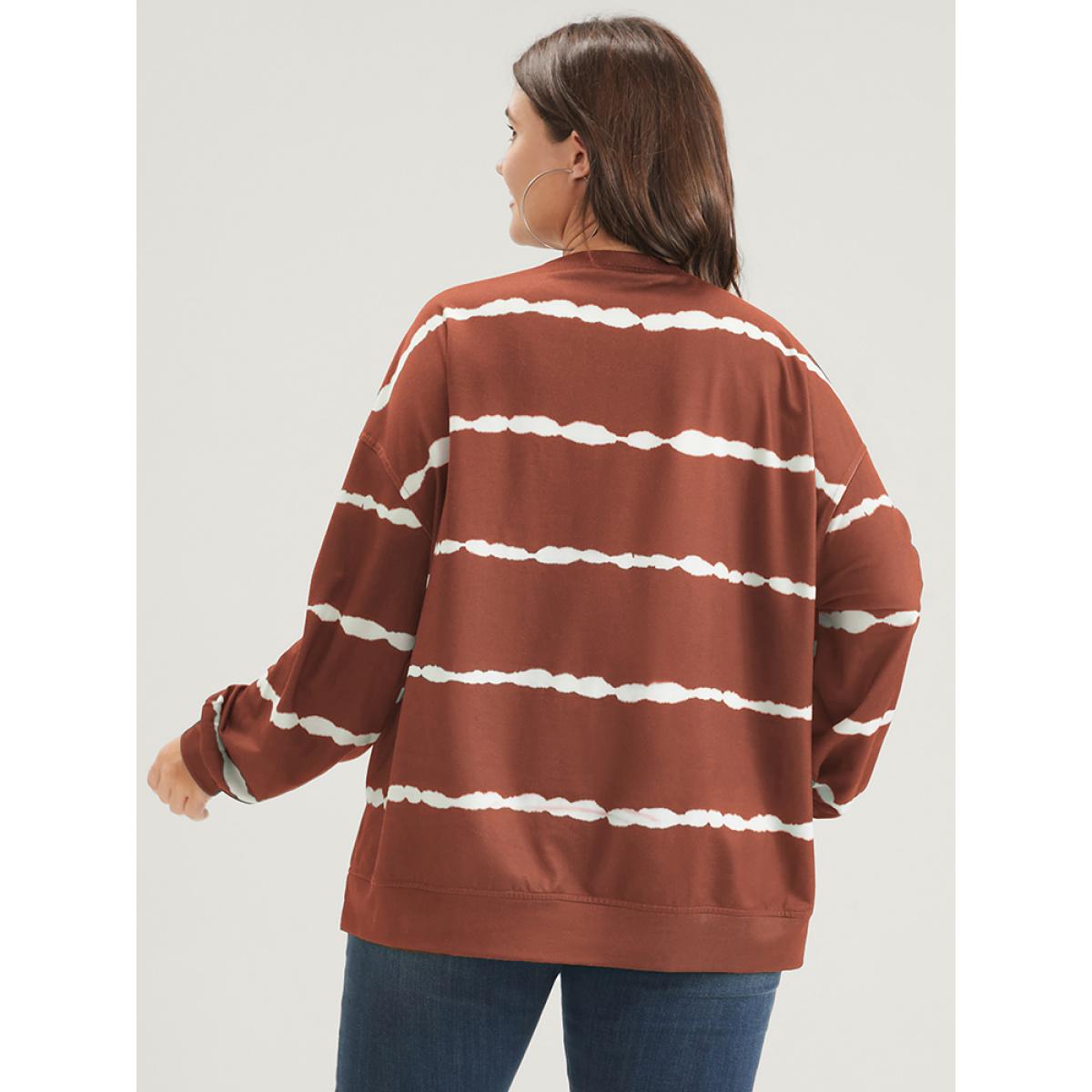 Plus Size Tie Dye Striped Side Split Drop Shoulder Sweatshirt Women Chocolate Casual Tie Dye Loose Round Neck Dailywear Sweatshirts BloomChic 28/5X Product Image