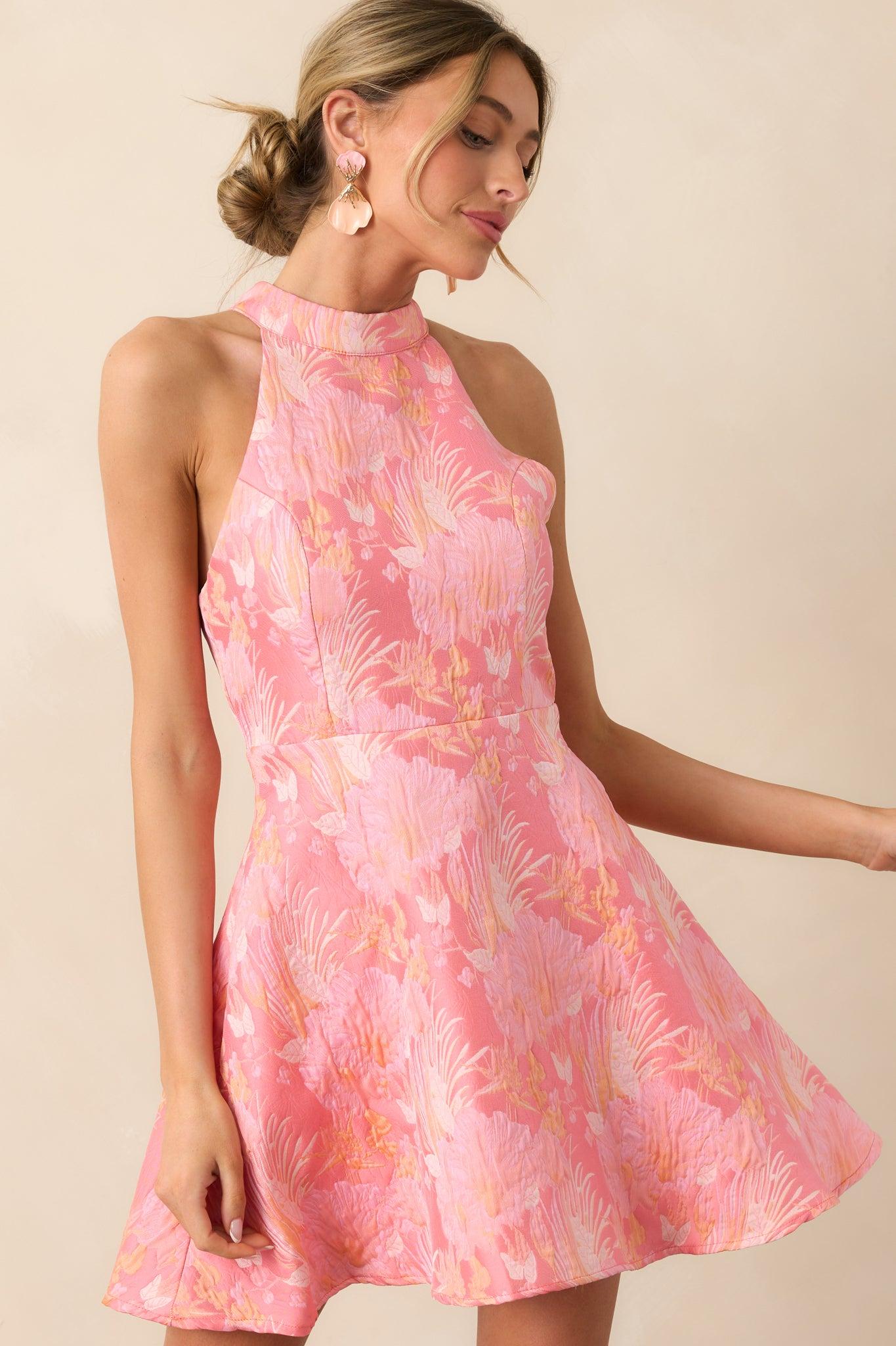 Always Ready Pink Coral Floral Print Jacquard Halter Mini Dress Product Image