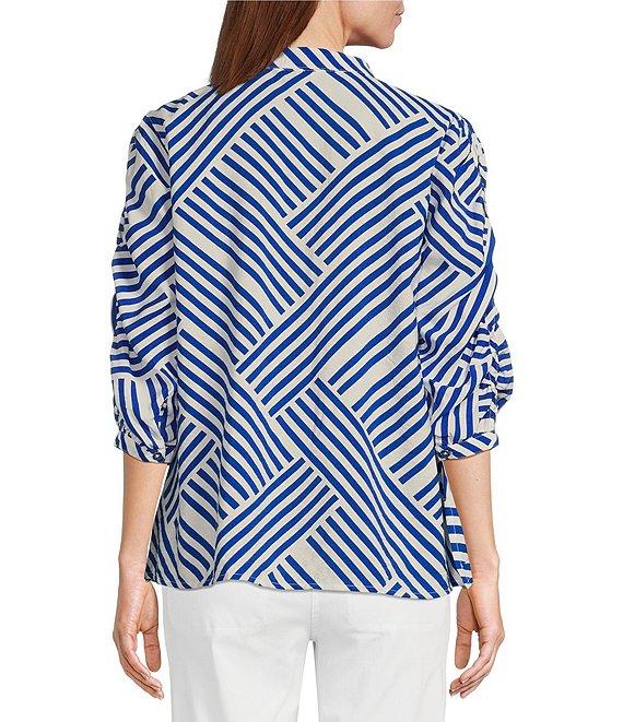 Multiples Petite Size Crinkle Woven Printed Wire Collar 3/4 Sleeve Button-Front Shirt Product Image
