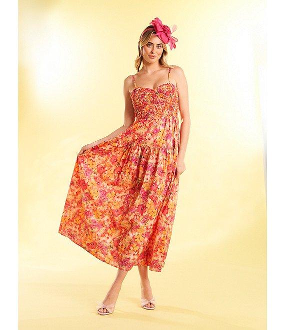 Skies Are Blue Floral Print Sweetheart Neck Sleeveless Smocked Bust Maxi Dress Product Image