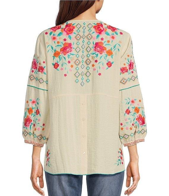 John Mark Floral Embroidered V-Neck 3/4 Cuffed Sleeve Woven Peasant Top Product Image