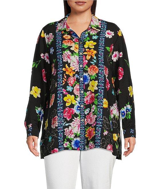 John Mark Plus Size Floral Point Collar Long Roll-Tab Sleeve Button Front Tunic Product Image