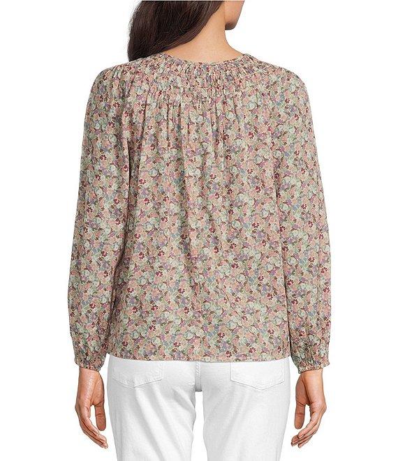 Lucky Brand Woven Floral Print Crew Neck Long Sleeve Smocked Button Front Blouse Product Image