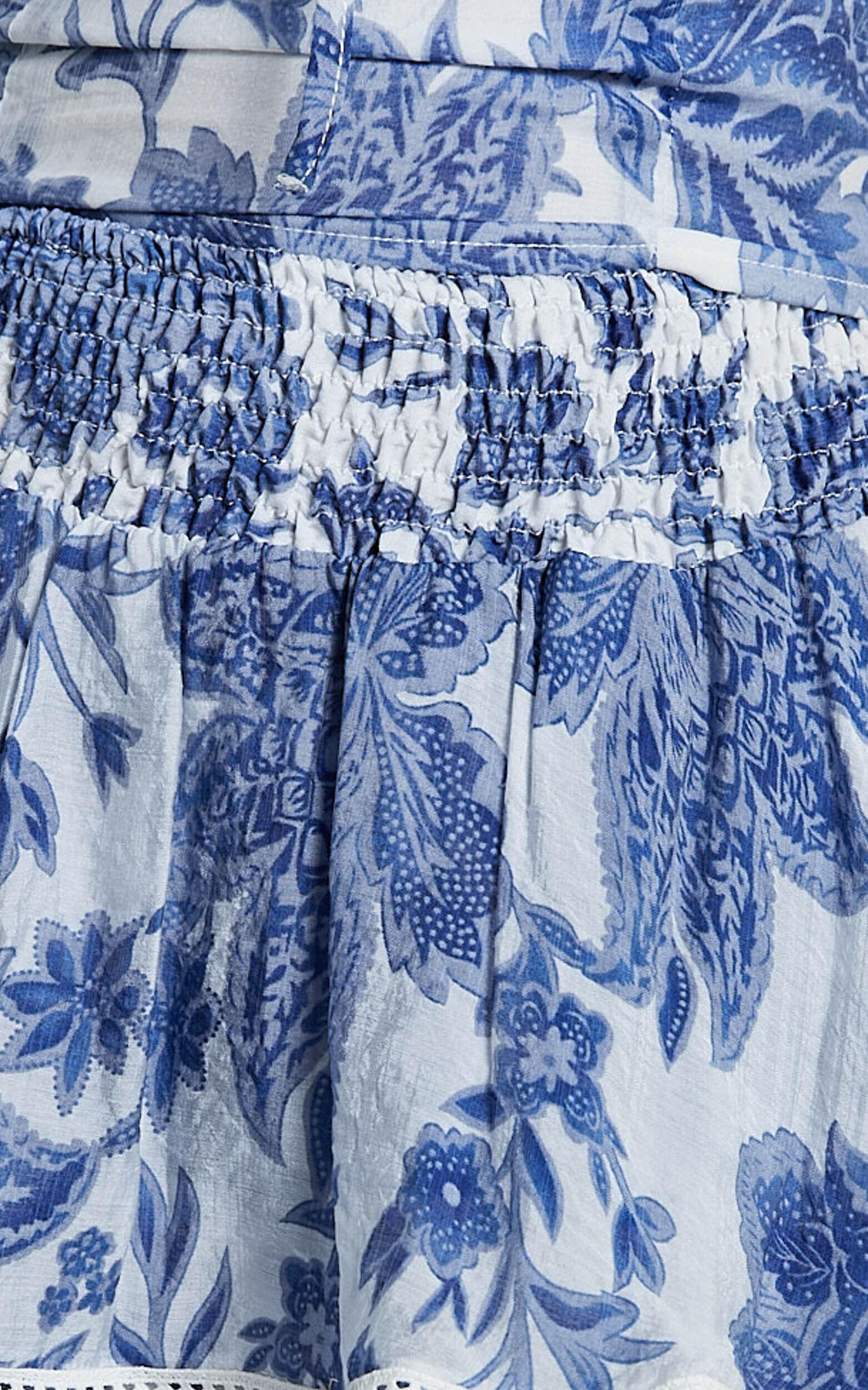 Liana Mini Skirt - High Elastic Waist Tiered Skirt in White and Blue Floral Product Image