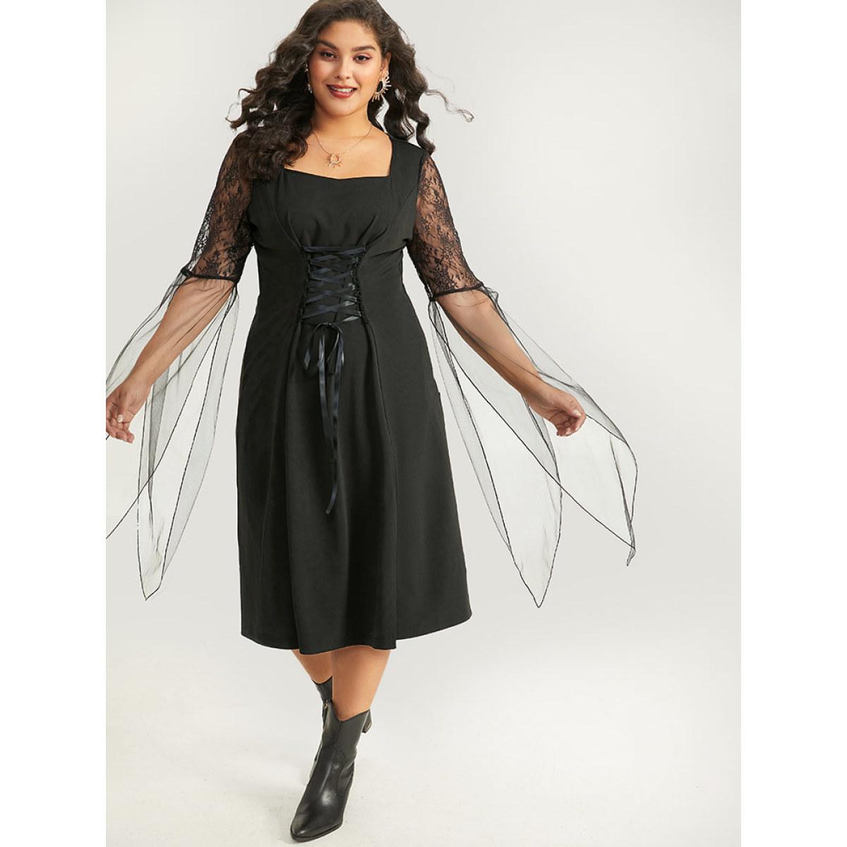 Plus Size Halloween Patchwork Lace Mesh Split Hem Lace Up Dress Black Women Glamour Cross straps Square Neck Short sleeve Curvy Midi Dress BloomChic 12/L Product Image