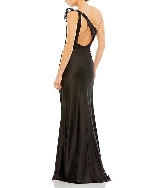 Mac Duggal One Shoulder Sequin Bow Cut Out Back Satin Trumpet Gown Product Image