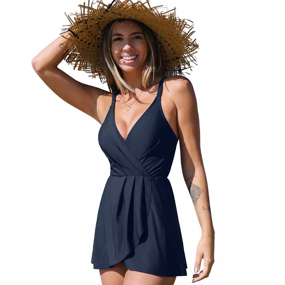 Women's Cupshe Navy V-Neck Ruffled Swim Dress, Size: Medium, Blue Product Image