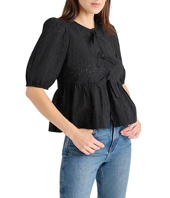 Steve Madden Paula Eyelet Crew Neck Short Sleeve Tie Front Top Product Image