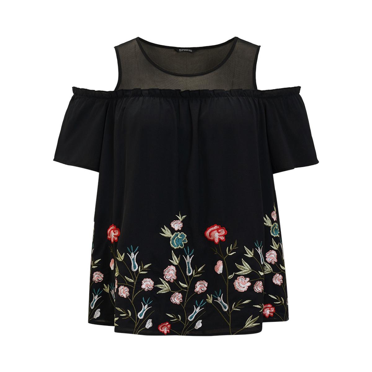 Plus Size Black Floral Embroidered Frill Trim Cold Shoulder Blouse Women Elegant Short sleeve Cold Shoulder Dailywear Blouses BloomChic 12/L Product Image
