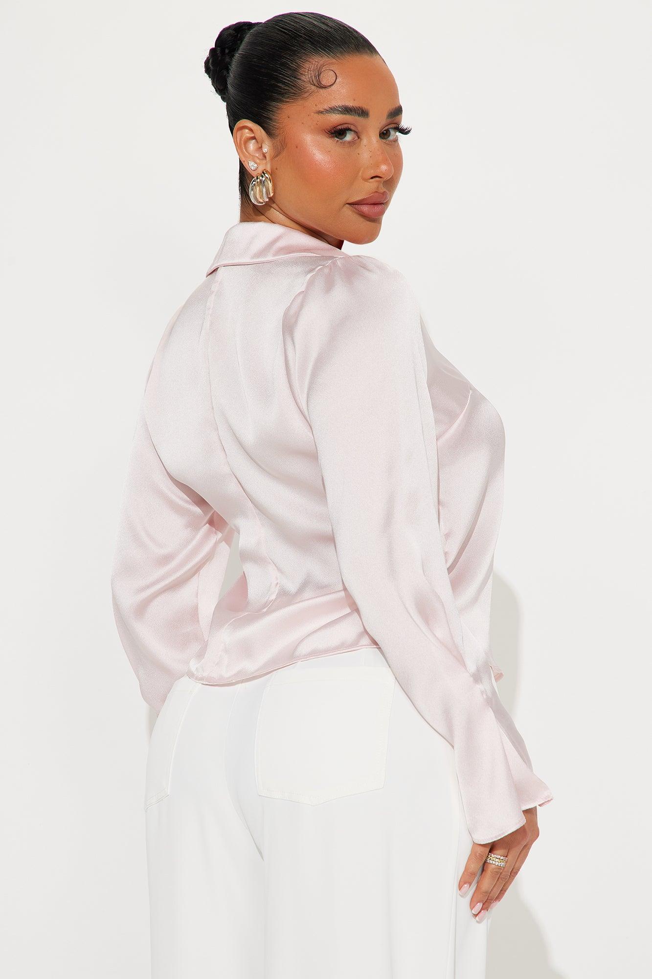Rosi Rosette Neck Tie Satin Shirt - Blush Product Image