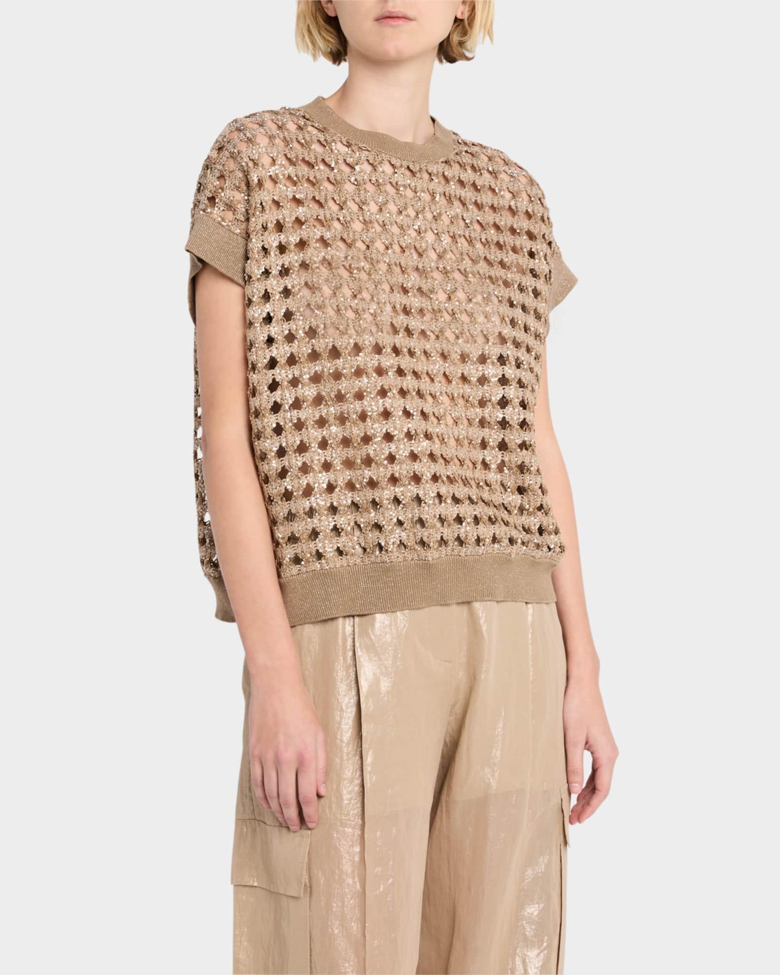 Short-Sleeve Paillette Cotton-Jute Open Knit Sweater Product Image